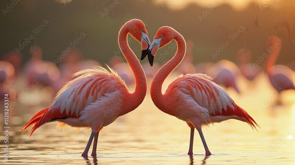Obraz premium Flamingos forming heart shape at sunset, symbol of love