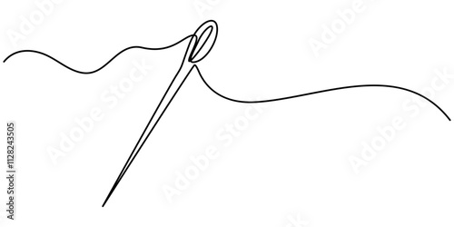 Continuous linear needlepoint pattern. Single line tailor's needle mark. Tailor's sign template. Vector editable linear illustration, Needle continuous one line drawing pro vector illustration, Sewing