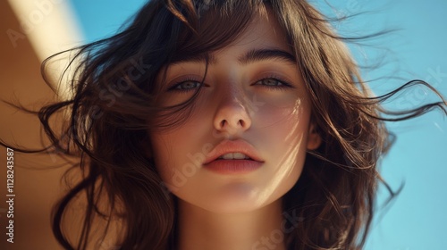 Young Woman With Brown Hair Blowing In The Wind