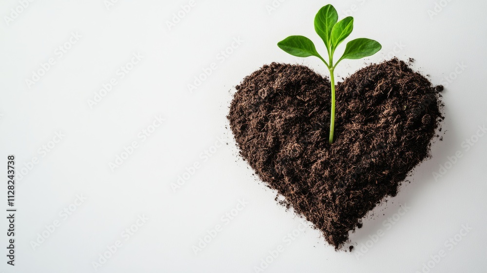 A single delicate sprout is growing on a white background and is heart-shaped. Symbolizing growth plants. International Mother Earth Day A single delicate sprout is growing on a white background and is heart-shaped. Symbolizing growth plants. International Mother Earth Day