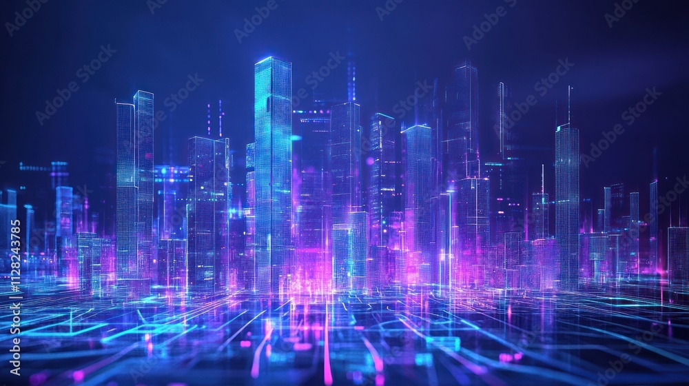 Holographic city with floating digital skyscrapers, smart traffic systems, virtual environmental elements, futuristic and sleek technology design, cyberpunk city aesthetics Holographic city with floating digital skyscrapers, smart traffic systems, virtual environmental elements, futuristic and sleek technology design, cyberpunk city aesthetics