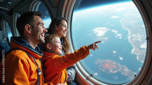Family excited viewing Earth from spacecraft window, space tourism