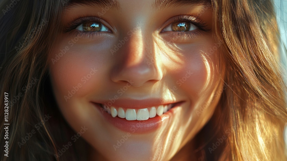 Golden Sunlight Illuminates A Young Womans Smiling Face Golden Sunlight Illuminates A Young Womans Smiling Face