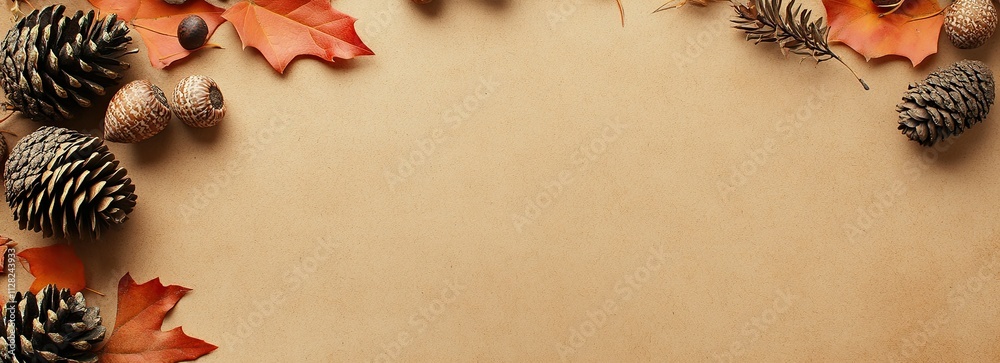A rustic autumn background with pine cones, acorns, and orange leaves on the left side of an empty brown surface with copy space for text