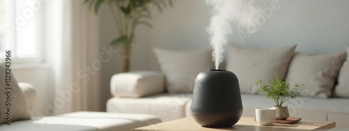 Essential oil diffuser emits vapor in cozy living room, aromatherapy