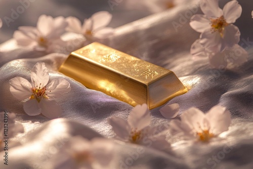 A single golden ingot placed atop a silver cloth, with delicate cherry blossom petals scattered around it.