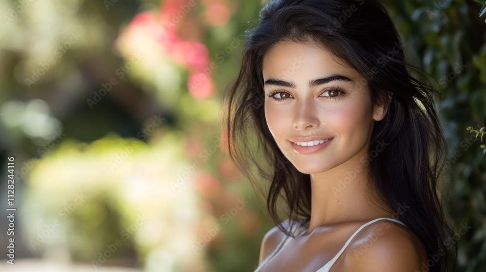 Beautiful Woman Smiling Outdoors With Long Dark Hair Beautiful Woman Smiling Outdoors With Long Dark Hair