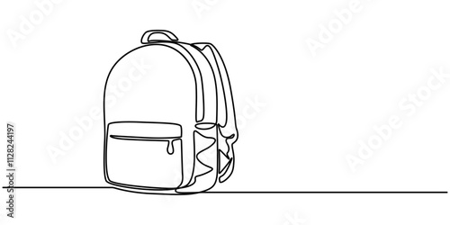 One continuous line school supplies. Minimalist hand drawn backpack, school building and globe, Single one line drawing of school bag for kindergarten student. Back to school minimalist, education. 