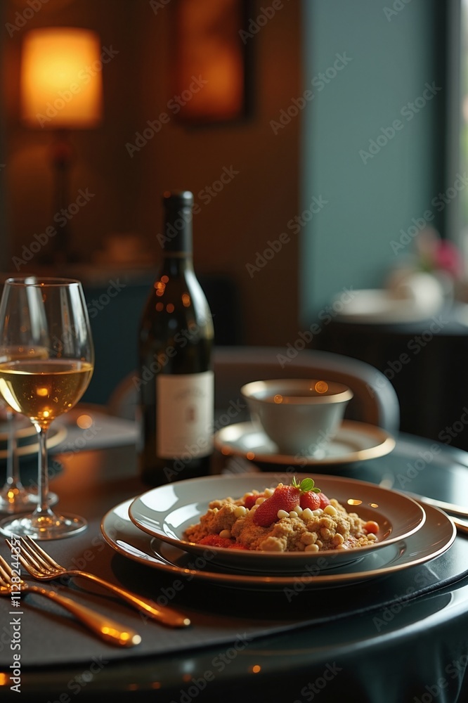 Elegant dinner setting with pasta and wine, romantic ambiance Elegant dinner setting with pasta and wine, romantic ambiance