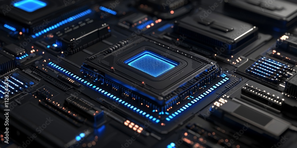 Futuristic Tech Close up of Advanced Circuit Board with Glowing Blue CPU Futuristic Tech Close up of Advanced Circuit Board with Glowing Blue CPU