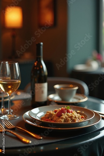 Elegant dinner setting with pasta and wine, romantic ambiance