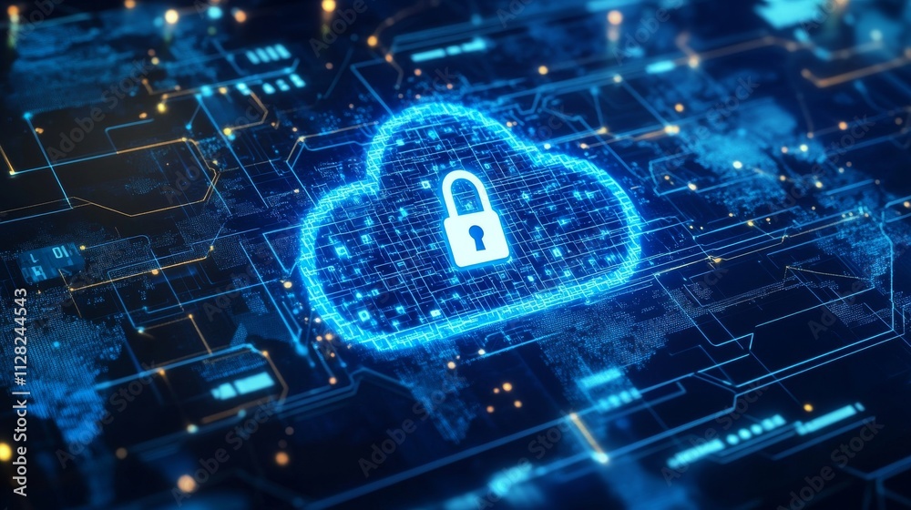 Blue digital cloud with a padlock icon glowing world map and data advanced. Security technology modern cloud background. Blue background. Digital graphic design. Vector graphics. Abstract background. Blue digital cloud with a padlock icon glowing world map and data advanced. Security technology modern cloud background. Blue background. Digital graphic design. Vector graphics. Abstract background.
