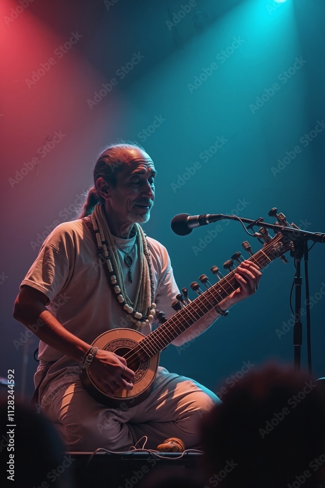 Obraz premium Elderly musician playing sitar on stage, cultural performance