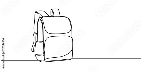 One continuous line school supplies. Minimalist hand drawn backpack, school building and globe, Single one line drawing of school bag for kindergarten student. Back to school minimalist, education. 