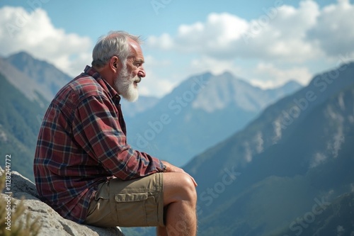 Elderly man contemplates mountain vista, life reflection