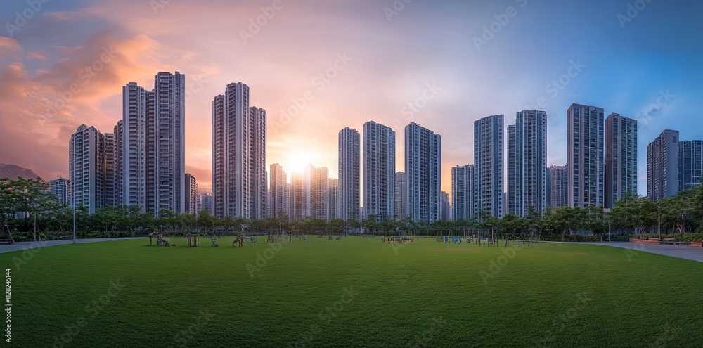 Fototapeta premium Modern City Park with High-Rise Buildings at Sunset AI generated illustration