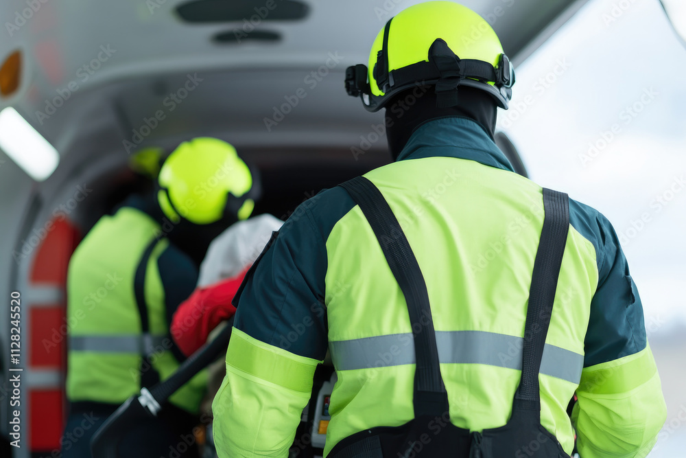 Medevac Scene, paramedics carefully unloading a patient from a helicopter, intense focus on teamwork and urgency, vivid ultra HD detail. Medevac Scene, paramedics carefully unloading a patient from a helicopter, intense focus on teamwork and urgency, vivid ultra HD detail.