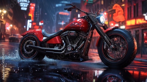 Vivid Red Custom Motorcycle Under Rainy City Lights at Night, Showcasing Reflections on Wet Pavement with Neon Signs in the Background photo