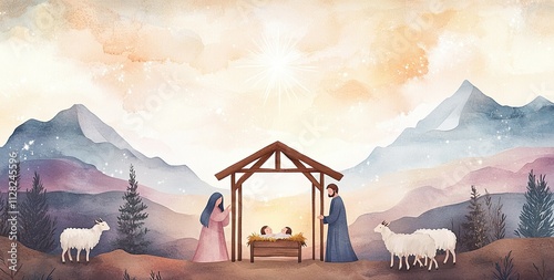 A watercolor illustration of the Nativity scene with baby Jesus in his manger, Mary and Joseph in front, sheep next to them, a star shining above their heads, a small wooden booth behind them photo