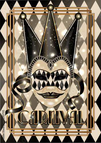 Happy Carnival mask , invitation card in art deco style , vector illustration