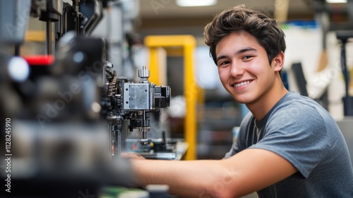 A young, happy engineer operates cutting-edge machinery, ensuring smooth collaboration between technology and manual labor