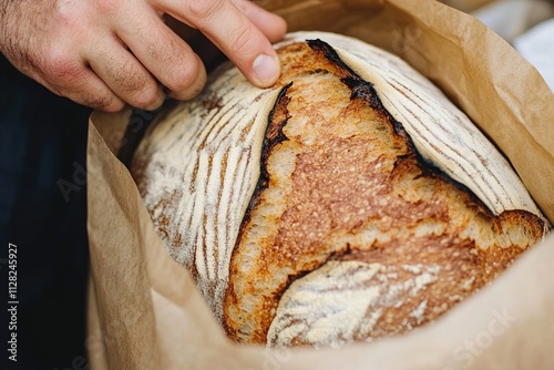 close-up of hand placing freshly baked loaf of crusty bread into paper bag at farmer market