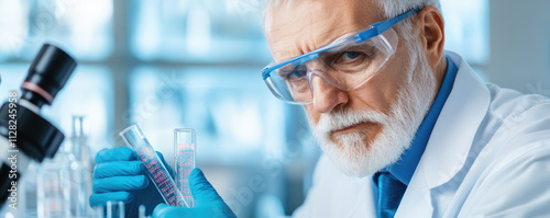 Senior scientist examining test tube, analyzing DNA autoradiogram, focused on groundbreaking research in genetics and molecular biology photo