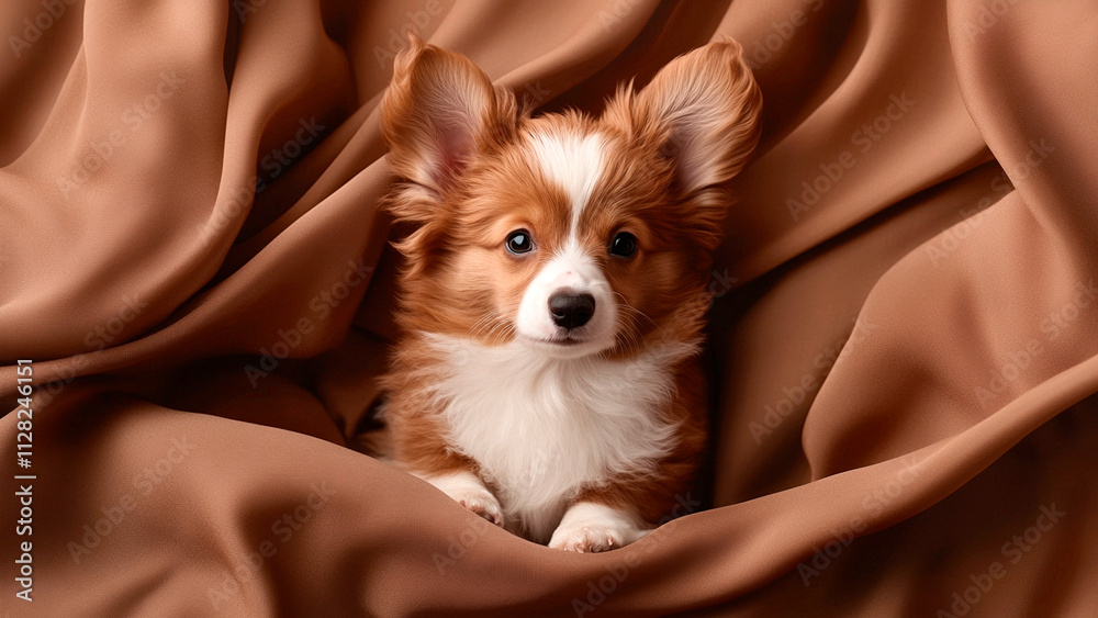 Papillon Puppy on Satin Brown Fabric, Mocha Mousse Background cover, banner, screensaver, mini dog Papillon Puppy on Satin Brown Fabric, Mocha Mousse Background cover, banner, screensaver, mini dog