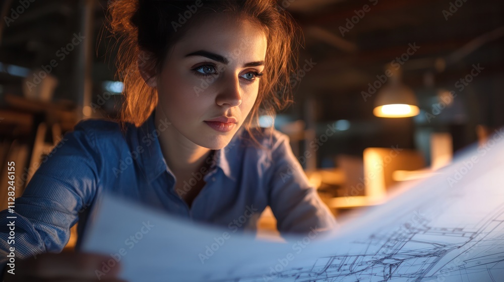 A beautiful woman engineer with blueprints reviews a complex design, combining aesthetics and technical expertise A beautiful woman engineer with blueprints reviews a complex design, combining aesthetics and technical expertise