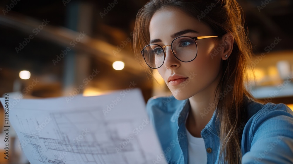 A beautiful woman engineer with blueprints reviews a complex design, combining aesthetics and technical expertise A beautiful woman engineer with blueprints reviews a complex design, combining aesthetics and technical expertise
