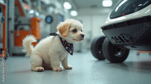 Curious puppy explores auto repair shop, adorable adventure