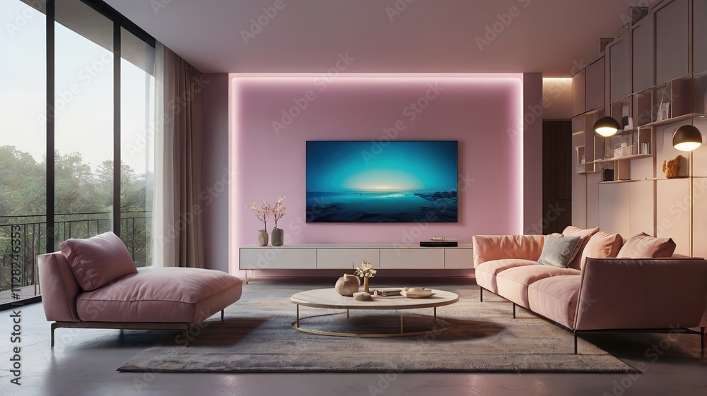 A modern living room design in a 3D render featuring a suspended TV, floating sofa, and gradient LED lighting in pastel tones.