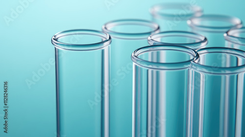 Closeup of test tubes in a lab setting, medical glassware highlighted, selective focus on foreground, ultra HD quality, ample space for text.