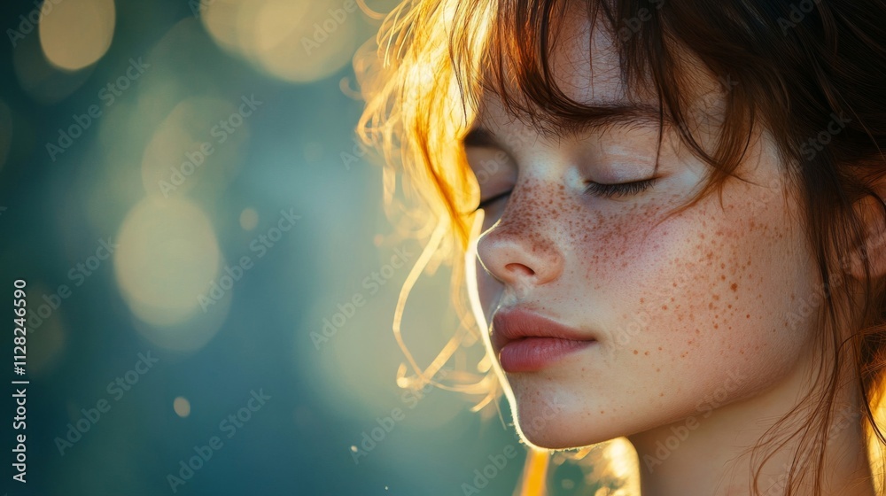 Young Woman With Freckles Eyes Closed In Sunlight Young Woman With Freckles Eyes Closed In Sunlight