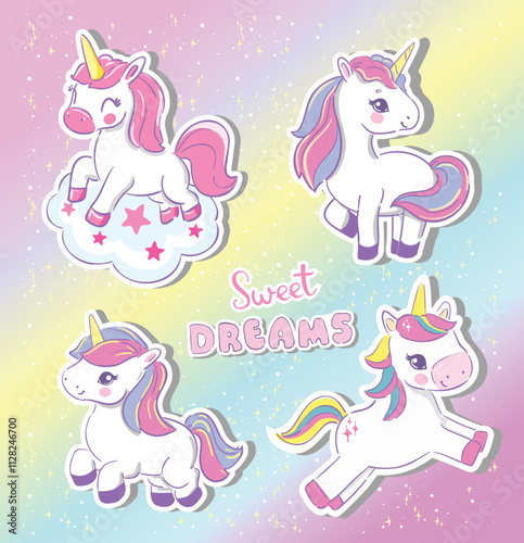 Hand Drawn Set of cute unicorns. Unicorn stickers set. Childish Trend vector illustration