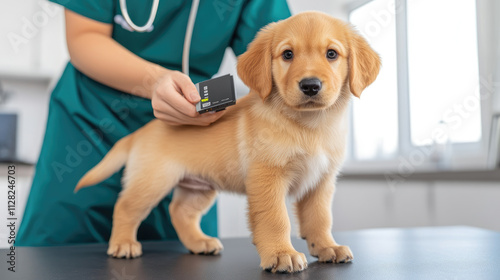 Vet examining microchip implant on puppy, close-up view of the device in a caring veterinary environment, ensuring pet's identification safety.