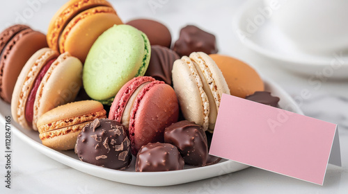 A platter of macarons and chocolates on a marble table,  Galentine s Day Treats  card tucked in, chic and indulgent photo