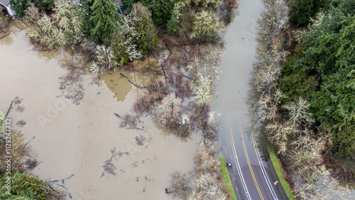 Aerial photo of a large flooding on a street of Hillsboro, Oregon after massive rainfall.