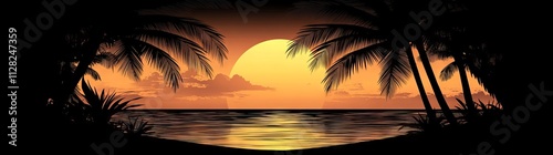 Stunning Sunset Beach Scene with Silhouetted Palm Trees AI generated illustration