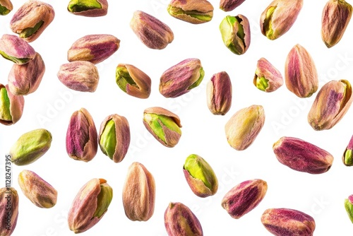 Many pistachios floating on white background. Ideal for food packaging, blogs, or recipes related to pistachios. photo