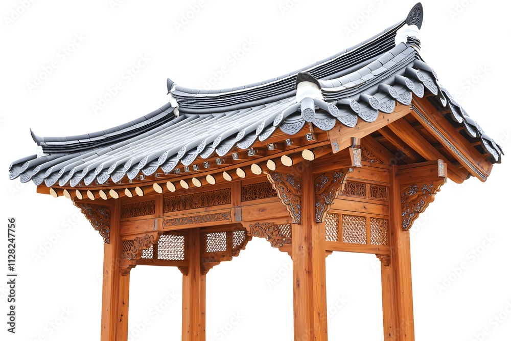 Intricate Wooden Gate with Asian-Style Roof, Showing Architectural Detail and Craftsmanship Intricate Wooden Gate with Asian-Style Roof, Showing Architectural Detail and Craftsmanship