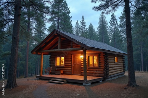 Quadro su tela Cozy log cabin glows in pine forest at dusk, rustic retreat