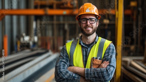 Wallpaper Mural A full-body portrait of a safety engineer highlights their role in managing risks and overseeing worker compliance at a steel beam site Torontodigital.ca