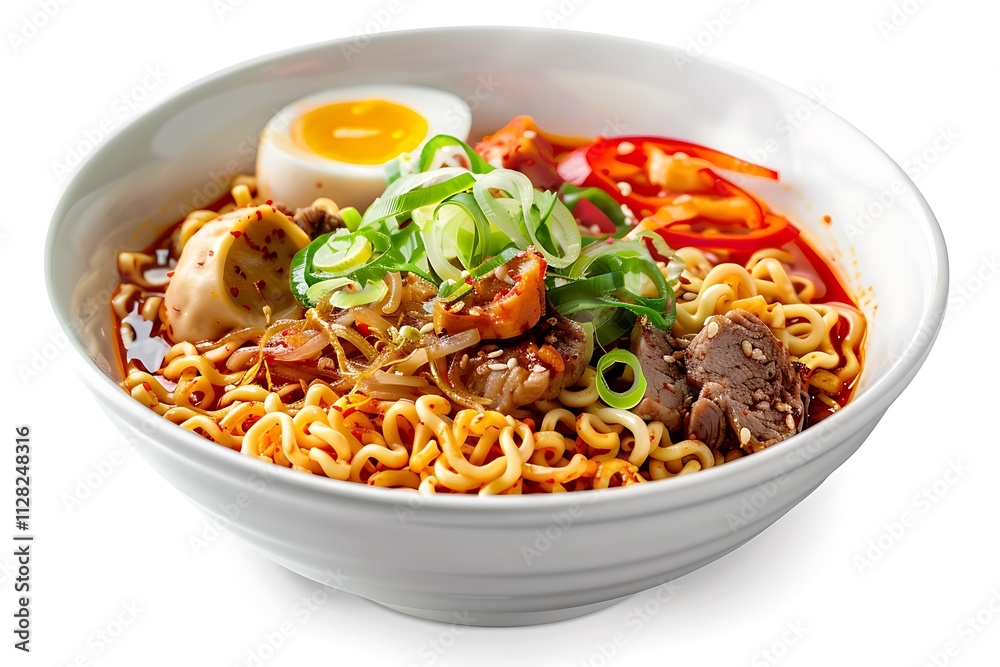 Ramen noodles with meat, vegetables and egg isolated on white background Ramen noodles with meat, vegetables and egg isolated on white background
