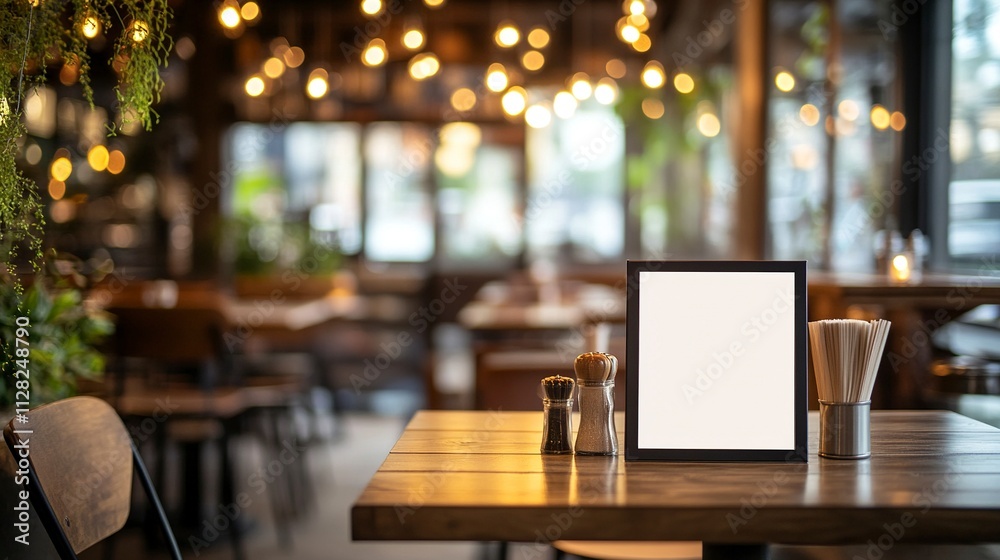mockup white poster with black frame stand in front of blur restaurant cafe background for show or present promotion product concept. mockup white poster with black frame stand in front of blur restaurant cafe background for show or present promotion product concept.