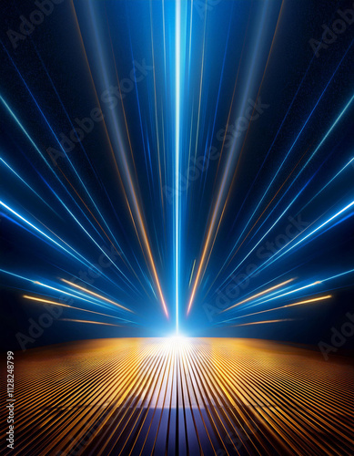 Dark blue neon light with rays of gold abstract night empty scen