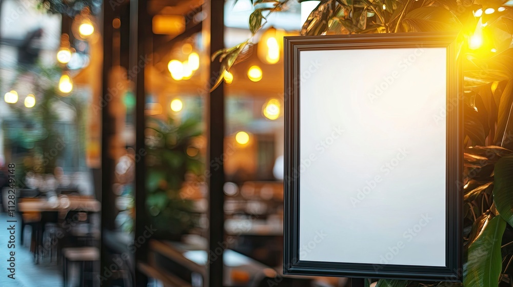 mockup white poster with black frame stand in front of blur restaurant cafe background for show or present promotion product concept. mockup white poster with black frame stand in front of blur restaurant cafe background for show or present promotion product concept.