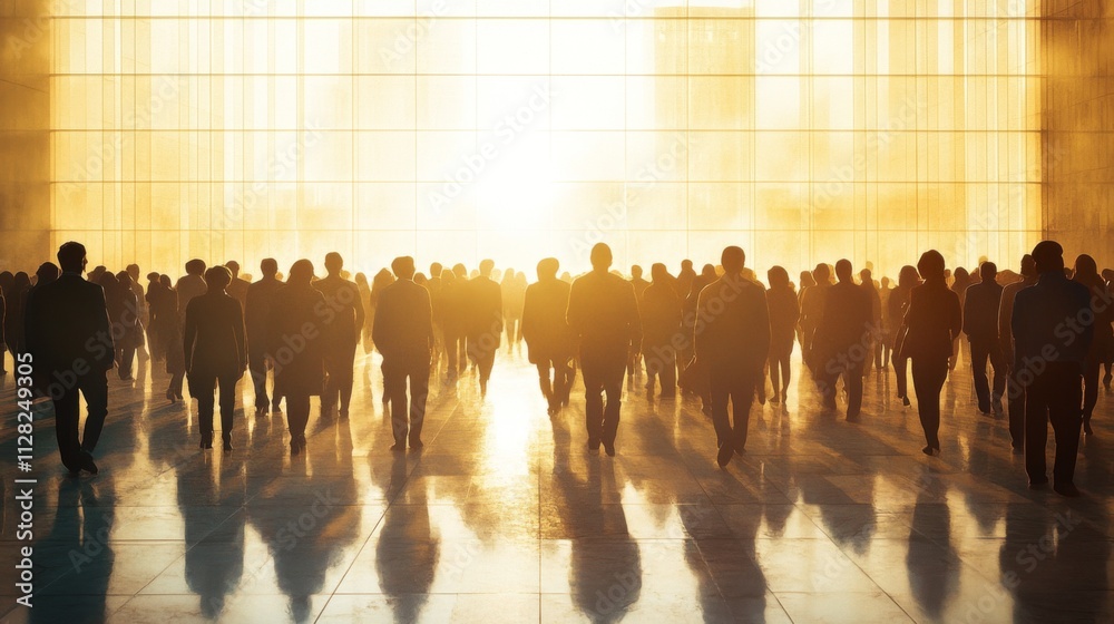 Crowd of silhouetted people standing in a glowing golden interior Crowd of silhouetted people standing in a glowing golden interior