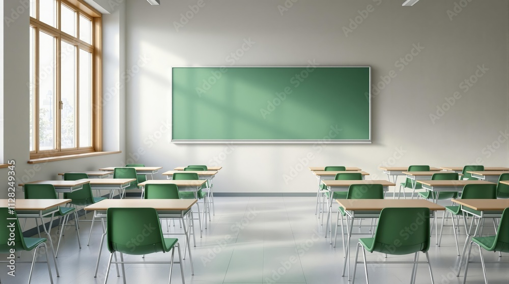 Empty classroom featuring green chairs, wooden desks, and a large green chalkboard on a sunny day.