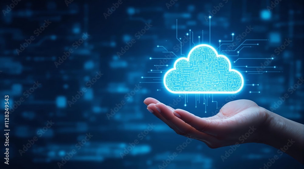 Cloud computing concept with a holographic cloud above a hand. Cloud computing concept with a holographic cloud above a hand.